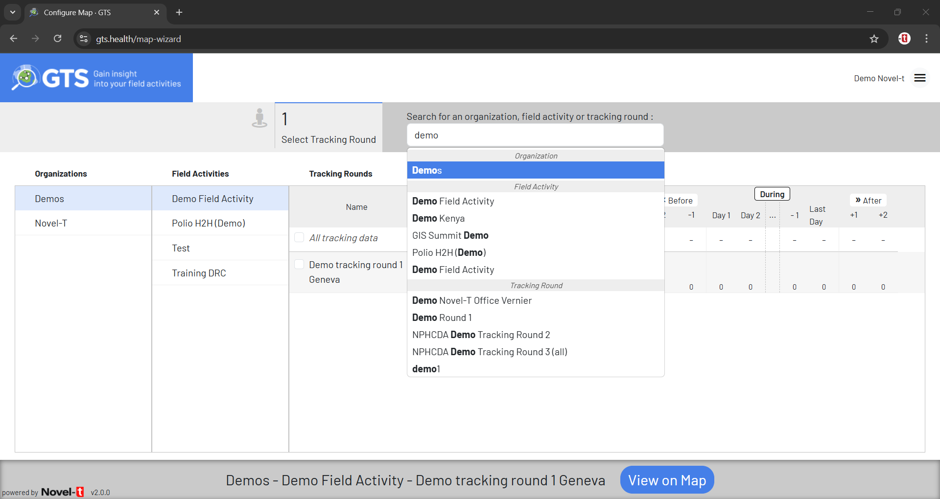 Searching for available Organizations, Field Activities or Tracking Rounds