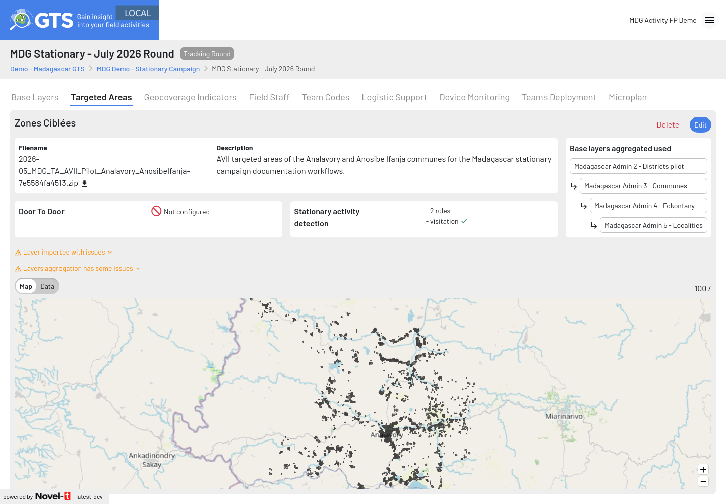 Targeted Areas tab summary of the MDG stationary campaign