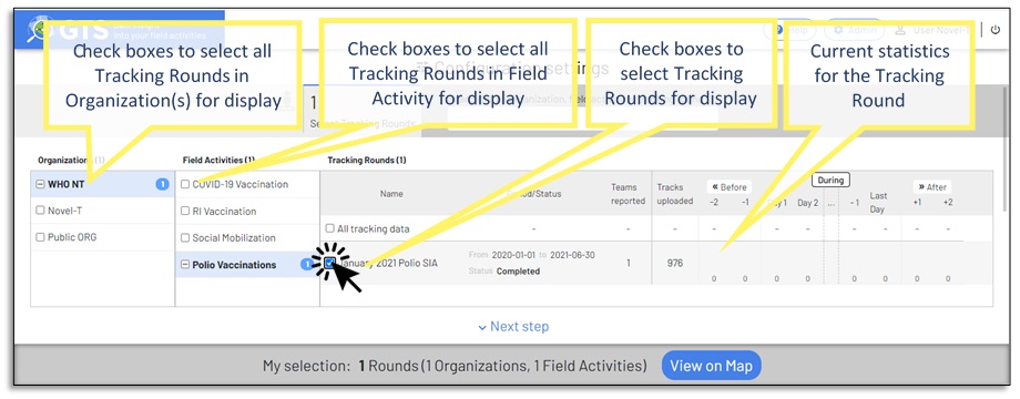 Selecting Field Activities for display on the map