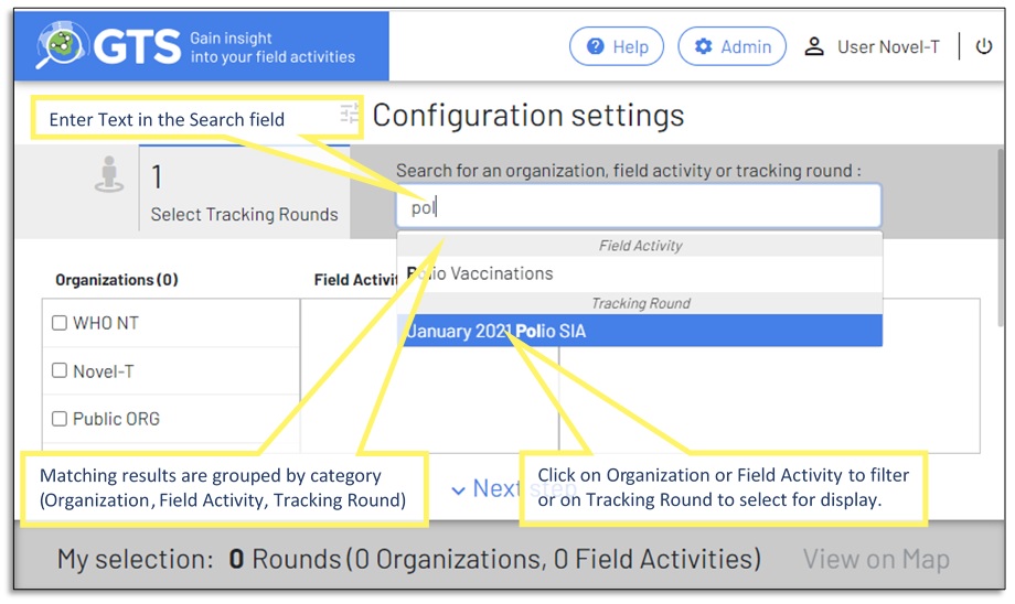 Searching for available Organizations, Field Activities or Tracking Rounds