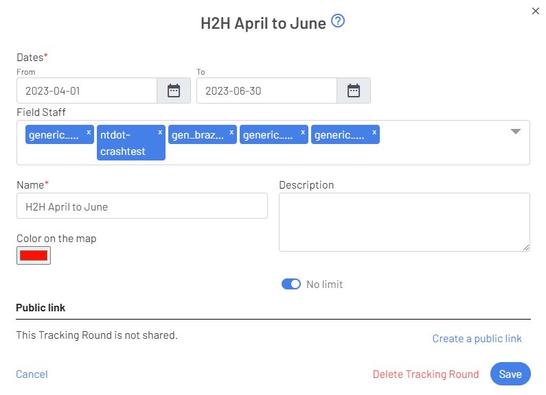 GTS Dashboard new tracking round form