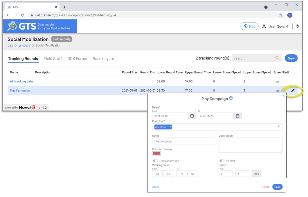 GTS Dashboard tracking round edit form