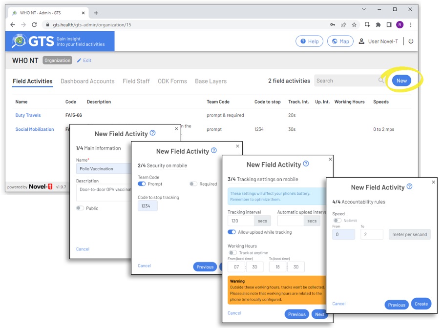 GTS Dashboard New Field Activity Wizard