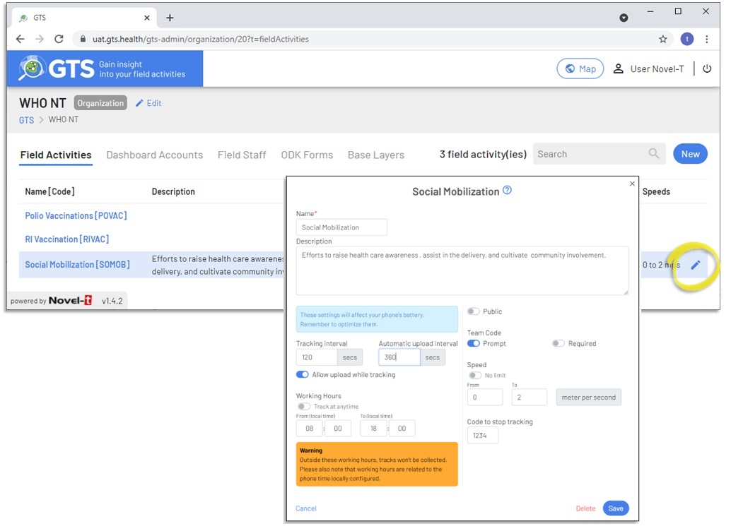 GTS Dashboard Field Activity edit form